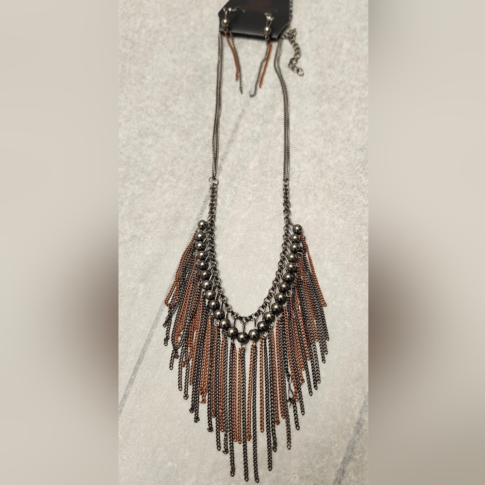 Elegant Silver and Brown Fringe Necklace